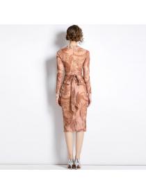 Autumn new Vintage style mesh V-neck slim midi dress for women