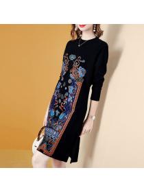 Vintage style loose knitted dress women's printed wool dress 