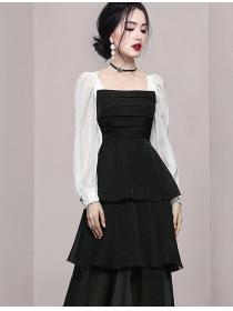 Temperament square collar color matching puff sleeves waist slim cake  dress