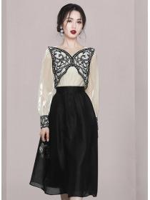 New butterfly decorated puff sleeves temperament top high waist skirt two-piece suit