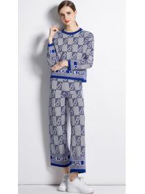 Fashion Casual  Knitted Wide Leg Pants Two  pieces Suit