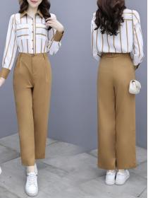 Autumn new temperament striped shirt high waist straight casual pants two-piece set