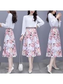 Fashion style long-sleeved chiffon shirt and skirt two-piece set