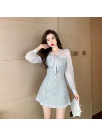 Korean style bow tie long-sleeved short temperament Tweed dress