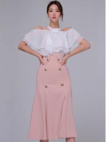 Summer dress Korean style off shoulder ruffled top+ slit skirt Two pieces dress