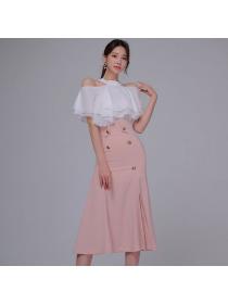 Summer dress Korean style off shoulder ruffled top+ slit skirt Two pieces dress