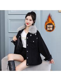 Winter new Denim fleece jacket women's Plus size loose cotton Jacket 