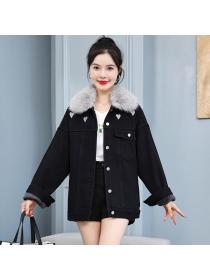Winter new Denim fleece jacket women's Plus size loose cotton Jacket 