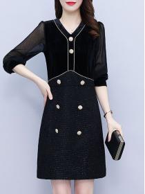 Black v-neck velvet dress slim tweed dress