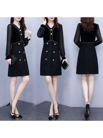 Black v-neck velvet dress slim tweed dress