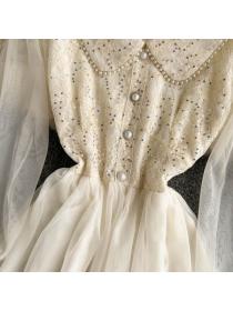 Sequined lapel slim waist mesh lace dress for women