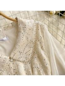 Sequined lapel slim waist mesh lace dress for women