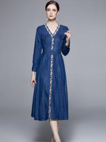 Autumn long dress fashion v-neck long-sleeved denim dress
