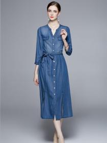 Comfortable Tencel Cotton V-Neck Three-quarter Sleeve Denim Dress