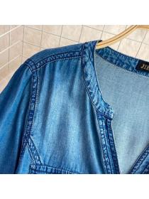 Comfortable Tencel Cotton V-Neck Three-quarter Sleeve Denim Dress