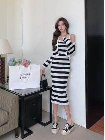 Korean style striped dress + long-sleeved cardigan two-piece set