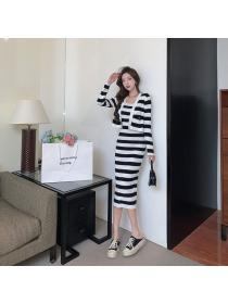 Korean style striped dress + long-sleeved cardigan two-piece set