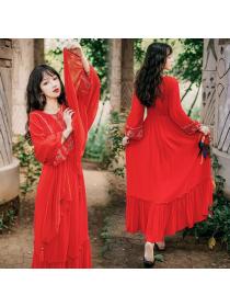 Vintage style red long Maxi travel beach Maxi dress for women