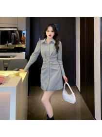 Autumn new temperament lapel chic single-breasted puff sleeve dress