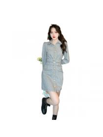 Autumn new temperament lapel chic single-breasted puff sleeve dress