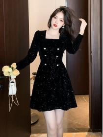 Vintage style square neck black dress autumn sexy dress