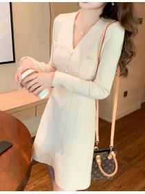 V-neck elegant A-line skirt dress knitted elastic waist Dress