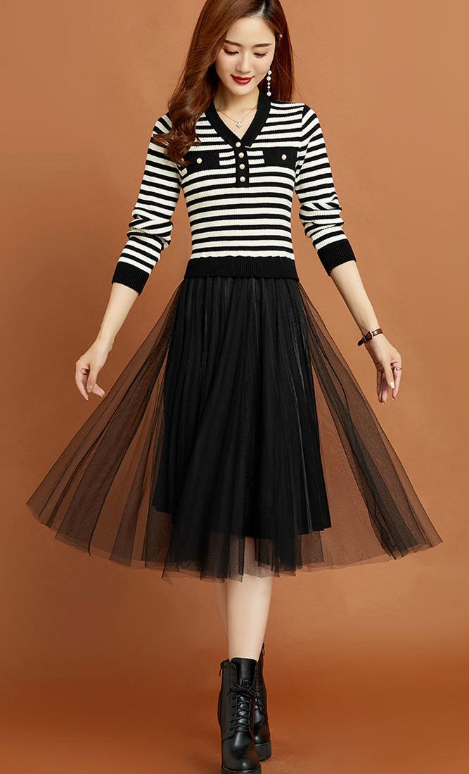 European Style Stripe Knitting Gauze Matching Dress