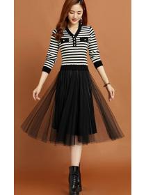 European Style Stripe Knitting Gauze Matching Dress 