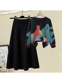 New style plus size women's knitted sweater loose skirt Two piece set