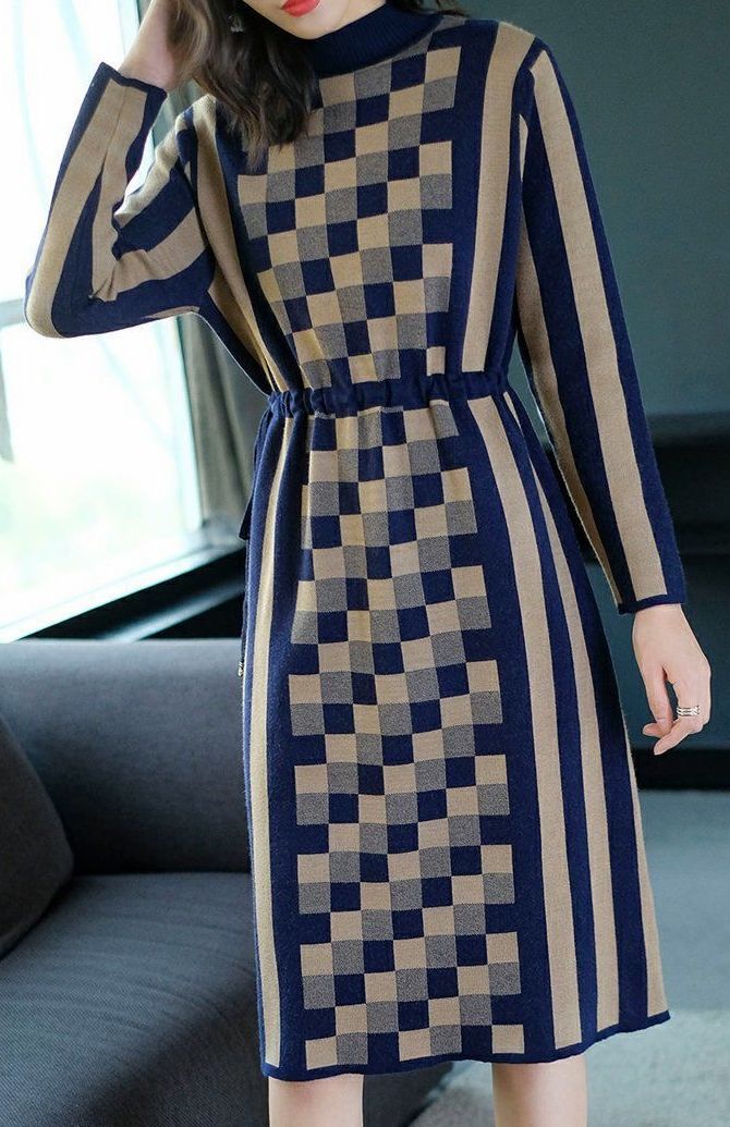 New Style Loose Grid   Printing Knitting Dress