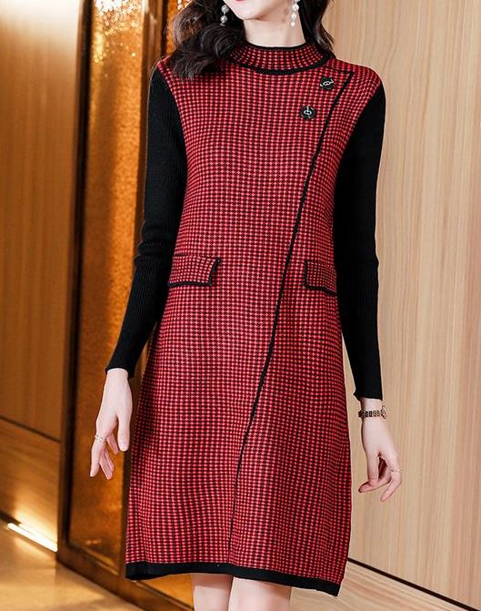 New Style Batwing Sleeve Color Matching Knitting Dress
