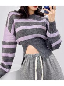 Korean Style Open Fork Stripe Color Matching Top