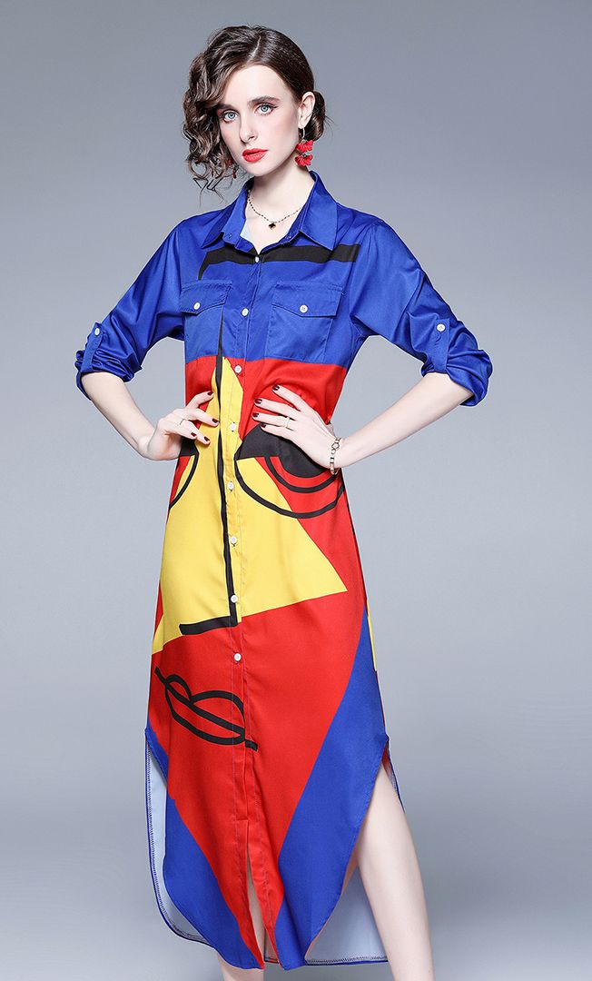 Abstract face print contrast color shirt dress