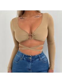 Outlet hot style Sexy Navel Slim Top Solid Color V-Neck Long-Sleeve T-Shirt 