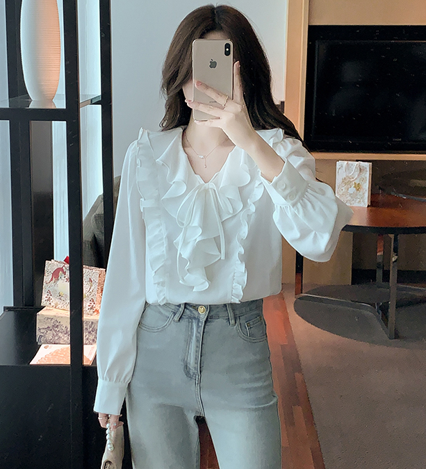 Korean style Ruffle Tie White shirt