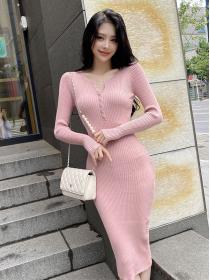 V-neck fashion sexy slim mid-length Knitted dress