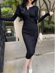 V-neck fashion sexy slim mid-length Knitted dress