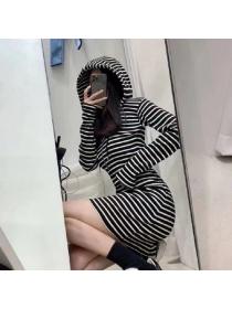 Korean Style Fashion Simple Hooded Zipper Slim Fit Long Sleeve Striped Knit Dress
