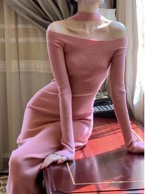 Vintage style off shoulder knitted dress Long dress
