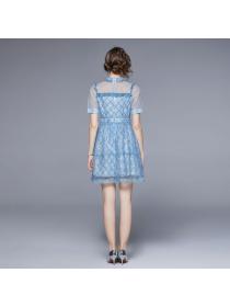 Summer new temperament slim-fit sequined beaded lapel short-sleeved dress