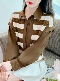 Autumn new loose fake two-piece striped shirt Chic long-sleeved Top