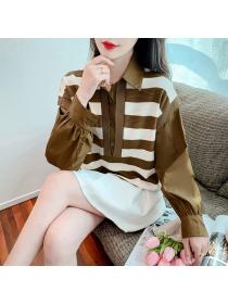 Autumn new loose fake two-piece striped shirt Chic long-sleeved Top