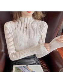 European Style  Slim  Embroidery Crew Neck Patchwork Casual Top