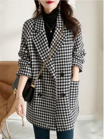 Fashion Suits collar plaid coat medium length woolen cloth coat