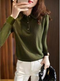 Dark green polo neck knitwear women's new fall solid color Top