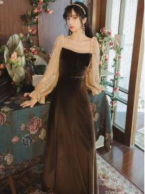 Brown velvet lace Maxi dress for women