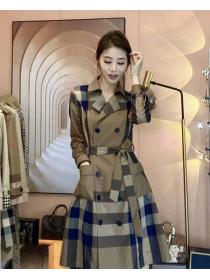 Suit collar female autumn winter check pattern trench coat