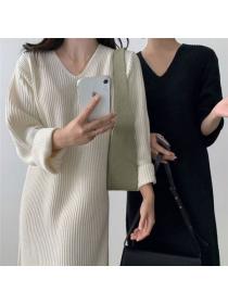 Korean style V-neck loose casual solid color long sleeve sweater dress for women