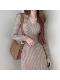 Korean style elegant V-neck long sleeve high waist slim knit  dress