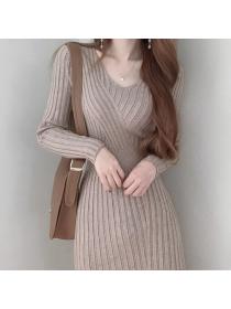 Korean style elegant V-neck long sleeve high waist slim knit  dress